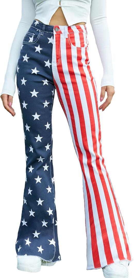 Flare Jeans for Women High Waisted Stretchy American Flag Bell Bottoms Denim Flare Pants (10, Red/White Strips)