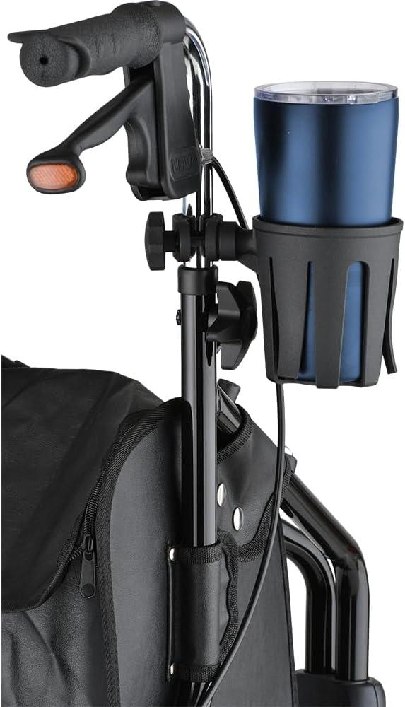 NOVA Cup Holder for Walkers with Round Narrow Tubing  Universal Fit for 5/8" to 1" Tubes  Durable Plastic Drink Holder for Folding Walkers & Rollators  Holds Bottles & Cans