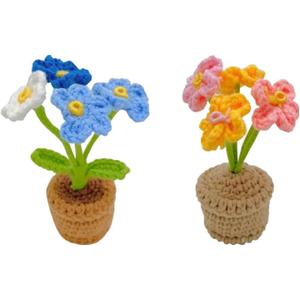 Mini Potted Artificial Plants Crochet Handmade Kintting Flowers for Office Desk Decor and Shelf Decor- for Gift, Birthday, Ideas for Valentine's Day (Forget-Me-Not)