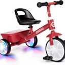 Bobike Toddler Tricycle for Ages 2-5 Years, Tricycle with 2 LED Light Wheels, Toddler Bike with 3-Position Seat and Rear Basket, Kids Bike Gift for Boys & Girl (Red)