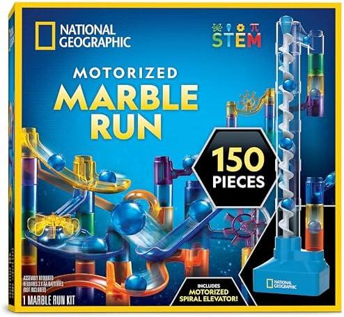 National Geographic Marble Run with Motorized Elevator - 150-Piece Marble Maze Kit with Motorized Spiral Lift, 30 Marbles, Storage Bag & More, Perpetual Motion Machine, Kids Physics Toys