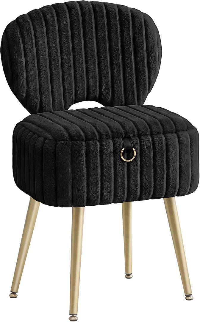 SONGMICS Vanity Chair, Makeup Stool with Folding Backrest,  Ink Black