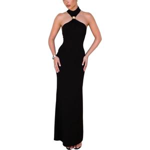 Women Halter Maxi Dress High Neck Sleeveless Back Slit Hem Elegant Party Cocktail Long Formal Dresses (Medium, Black)