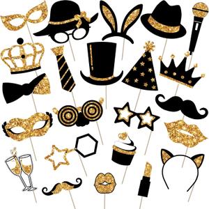 Zonon 24 Pcs Funny Photo Booth Props Class of 2026 Graduation Birthday Wedding Family Class Reunion Prom Disco Party Celebration Decoration Supplies Mix of Hats, Lipstick, Tie(Golden)
