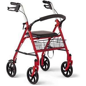 Medline Steel Rollator Walker with Seat, Red, 300 lb. Weight Capacity, 8” Wheels, Foldable, Adjustable Handles, for Seniors, for Mobility Impairment