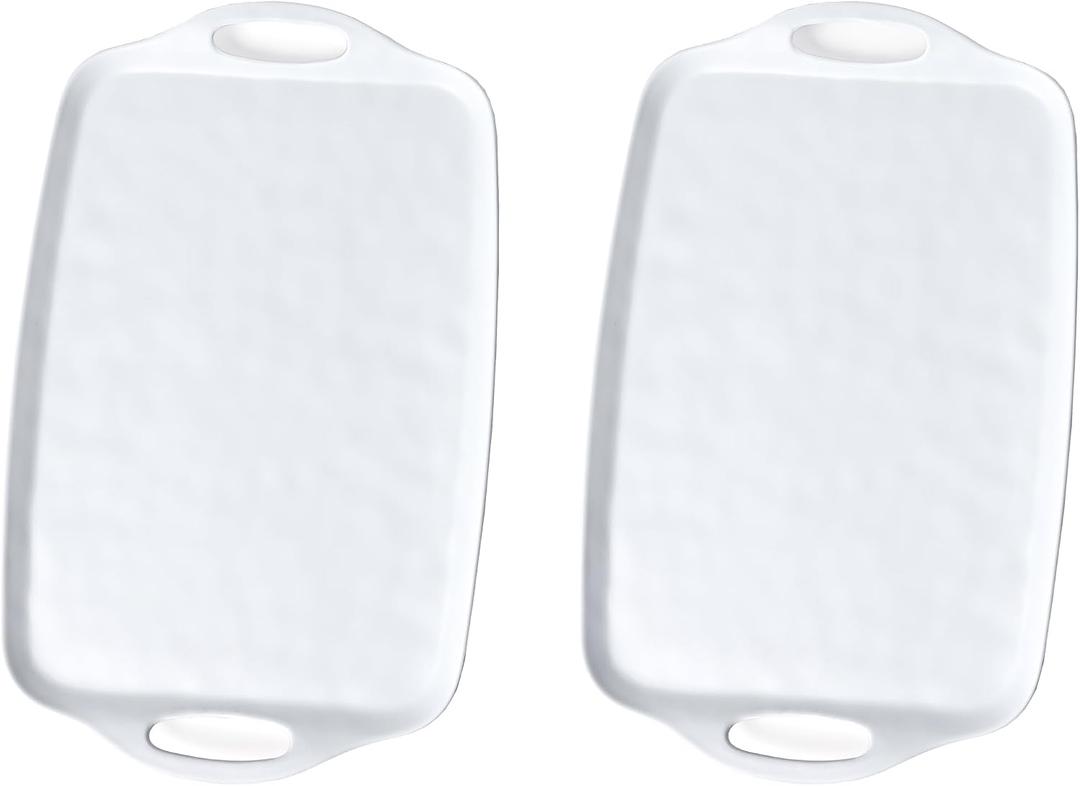 Large Serving Tray Set of 2 19 x 12 Inch White Rectangular Melamine Trays with Handles Durable Plastic Food Serving Tray for Snacks, Meals, Parties, Outdoor & Indoor Use