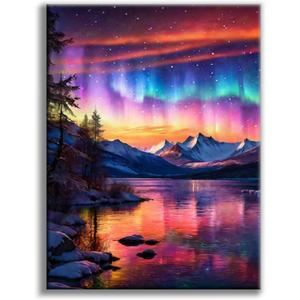 Offito Aurora Diamond Art Kits for Adults, 5D Starry Sky Lake Diamond Painting Kits for Beginners, Fantastic Landscapes DIY Full Drill Dots Gem Art Paint for Home Wall Decor 12 x 16 Inch (BLKJDP03)