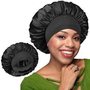 BONNET QUEEN Silk Bonnet for Sleeping Women Double Layer Reversible Satin Bonnet Sleep Cap for Curly Hair,Black (One Size)