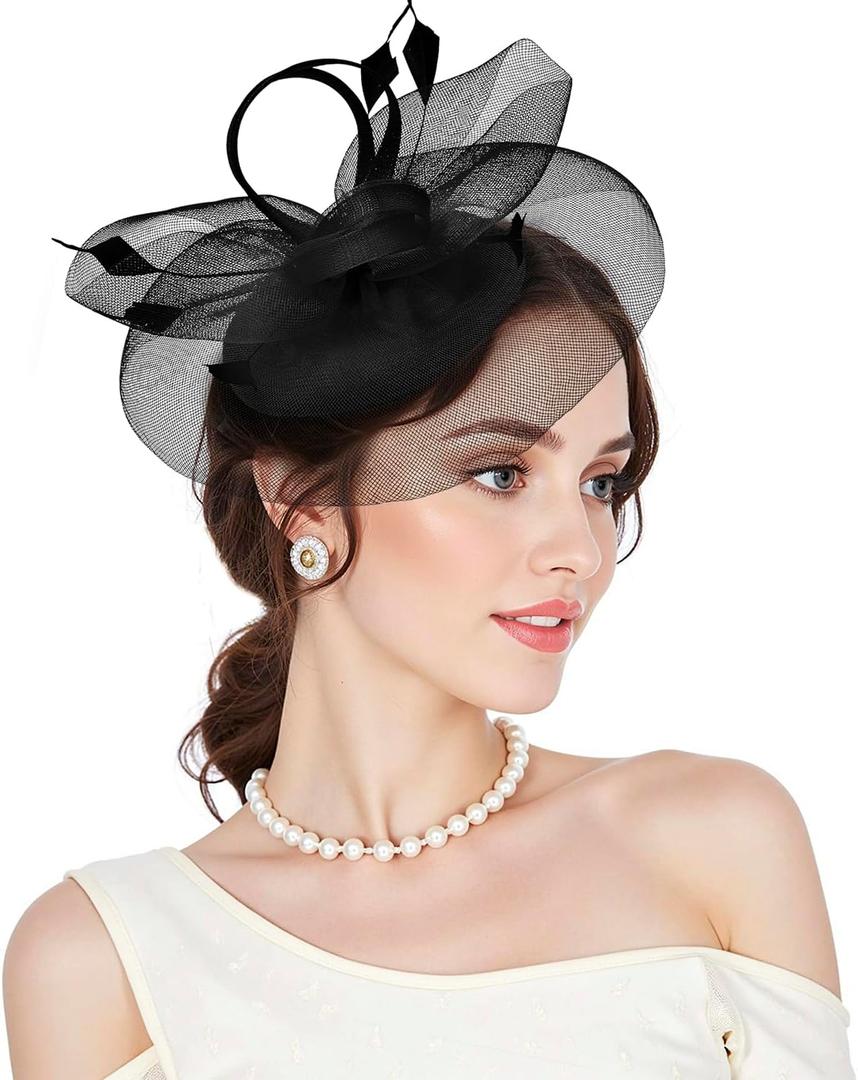 Fascinators Kentucky Hats Derby for Women 2026 Tea Party Hat with Feather Hair Clip Headwear for Wedding Church Hat (Black)