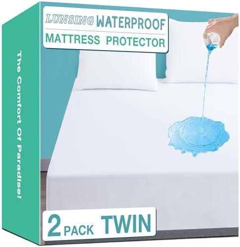 Lunsing 2 Pack Waterproof Twin Mattress Protector, Noiseless, Breathable, and Soft Twin Size Mattress Pad Cover with 6-16 inches Deep Pocket, White