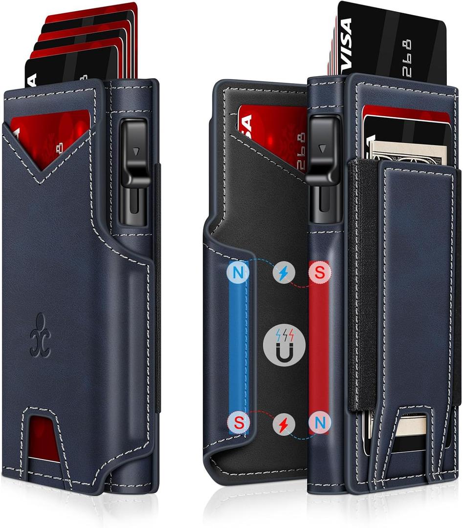 Wallet for Men Wallet with Slim Pop Up Card Holder 9-13 Cards, Bifold Minimalist Smart Wallet RFID Blocking Credit Card Holder with ID Window & Stretchable Cash Slot Compact Metal Aluminum Card Case (Navy)
