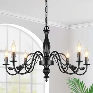 29" Black Chandelier for Dining Room, Modern Farmhouse 6-Light Light Fixture Hanging, Industrial Kitchen Lighting Fixtures with Leaf, Vintage Chandeliers Over Table for Bedroom Foyer Living Room