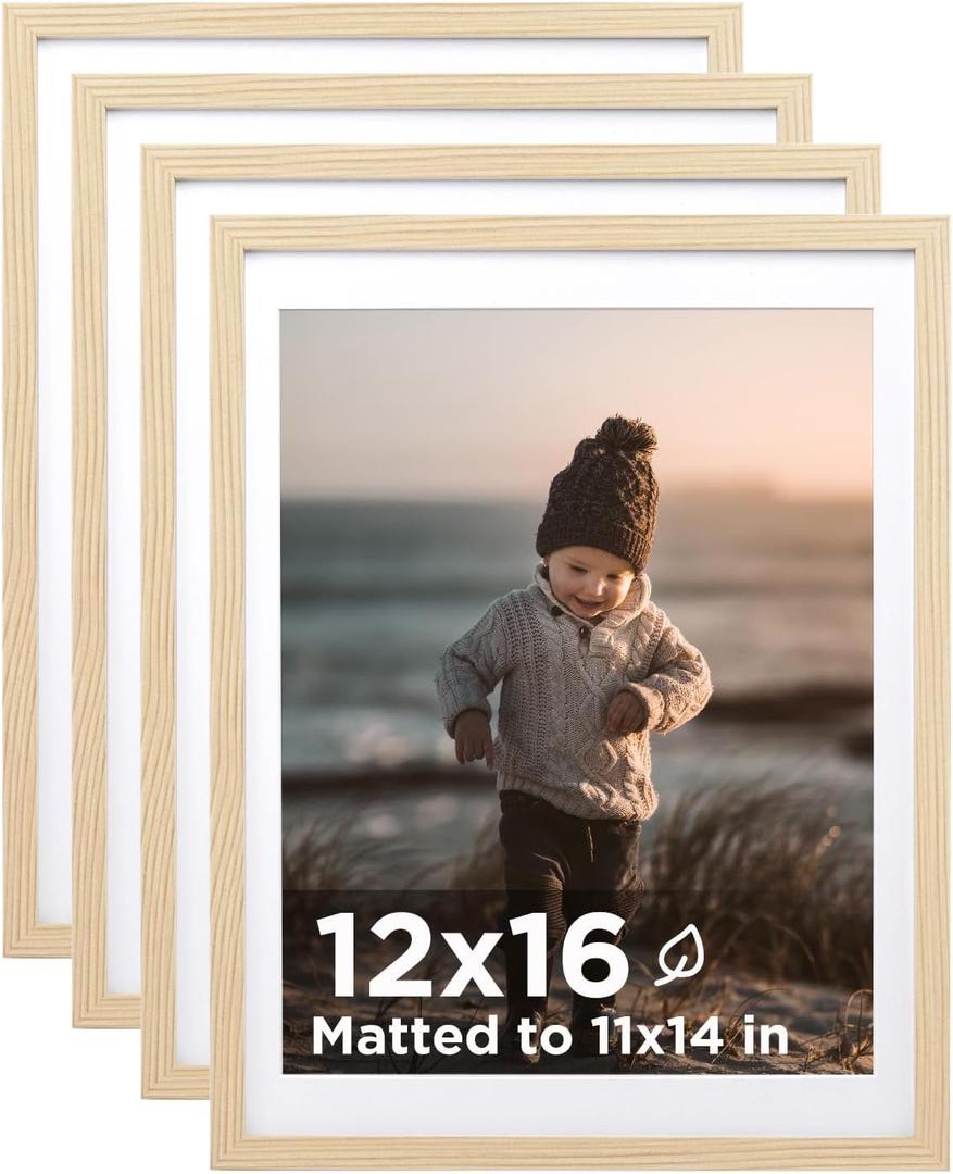 KINLINK 12x16 Picture Frame Wood Grain, Wooden 16x12 Photo Frames with Plexiglass for 11x14 Picture with Mat or 12x16 Without Mat, Perfect for Art Wall and Tabletop Display 12 x 16 frame Set of 4