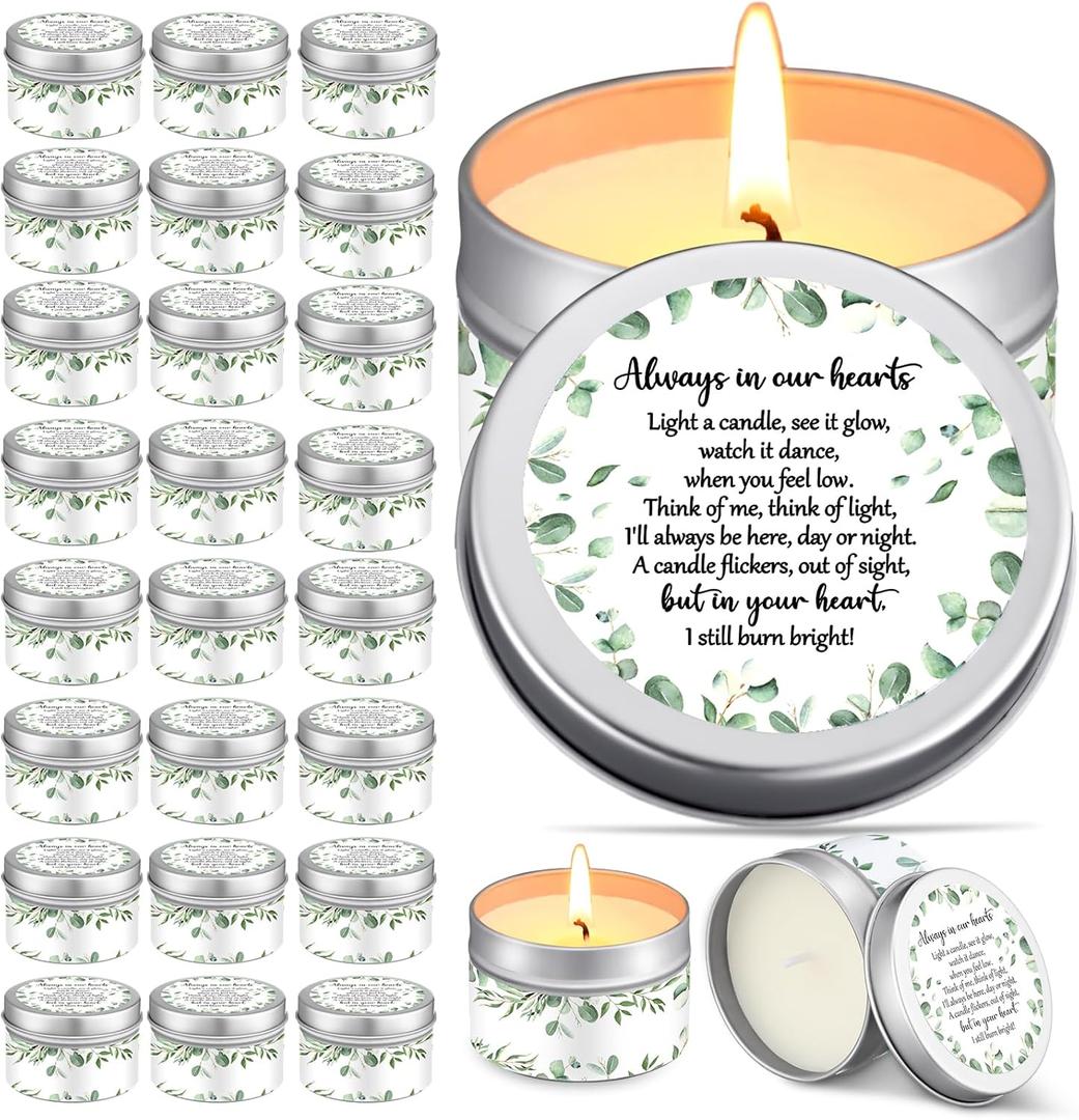 MTLEE 24 Pcs Celebration of Life Decorations Funeral Memorial Candles Funeral Keepsakes Favors for Guests Sympathy Candle for Loss of Loved One Bereavement Gifts(White,Greenery)