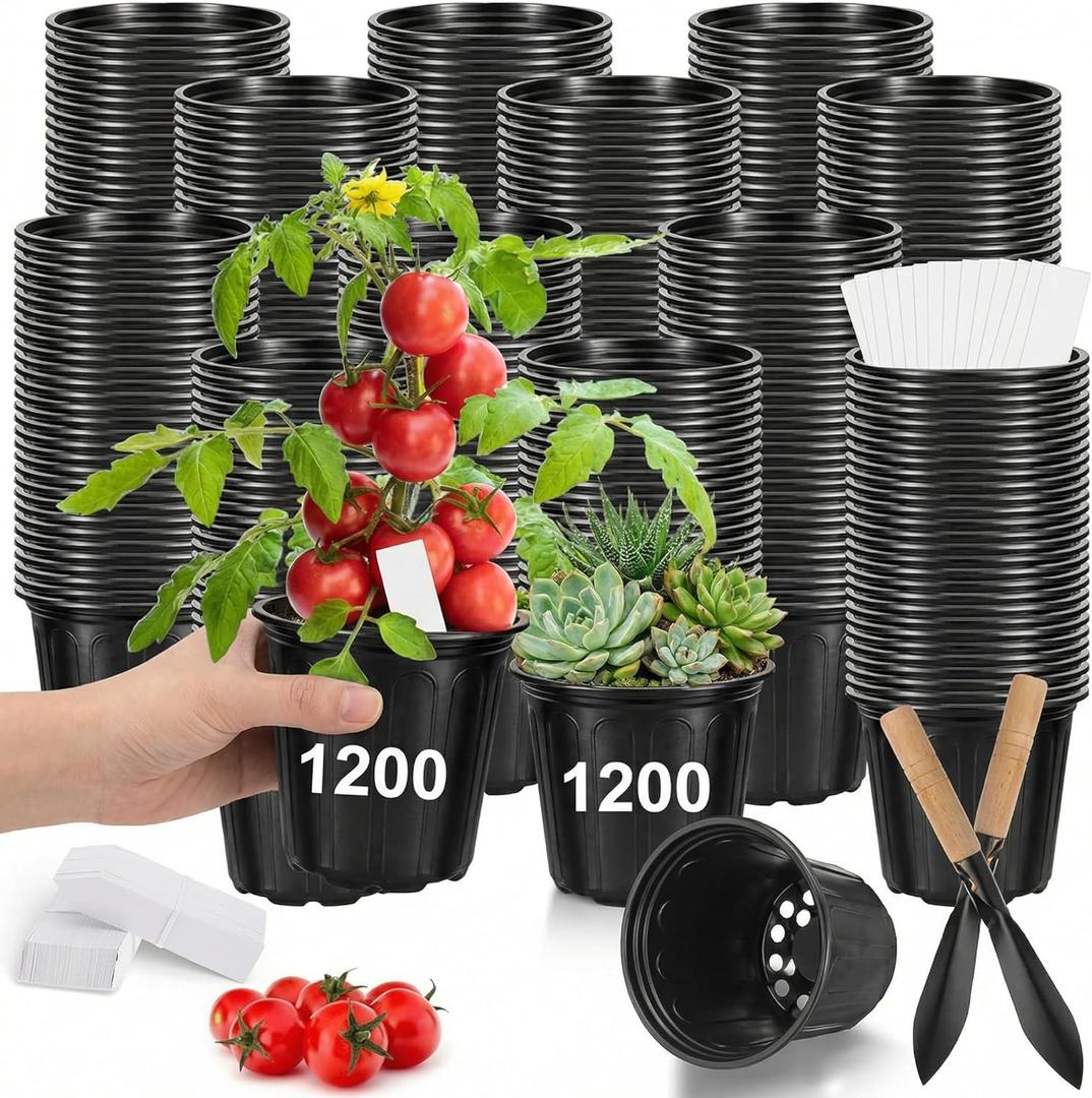 1200 Pcs 1 Gallon Plastic Plants Nursery Pots Bulk with Plant Labels, Thickened Soft Black Seedling Pots with Drainage Holes, Flower Plant Containers with Shovel for Seed Succulents Supply