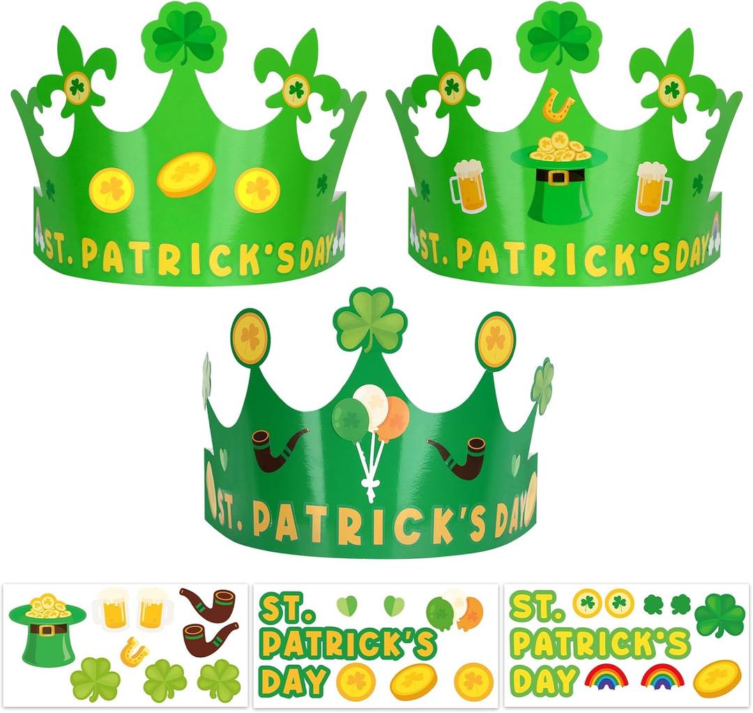 Hooqict 30 Pack St. Patrick's Day Crown Crafts Kit St Patrick's Day Party Favors Green Hats for Classroom Paper Crowns with Shamrock Leprechaun Hat Gold Coin Stickers
