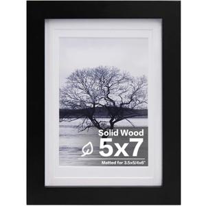 Egofine 5x7 Picture Frame Made of Solid Wood, Display Pictures 3.5x5/4x6 with Mat or 5x7 Without Mat Covered by Plexiglass for Table Top Display and Wall Mounting Photo Frame, Black
