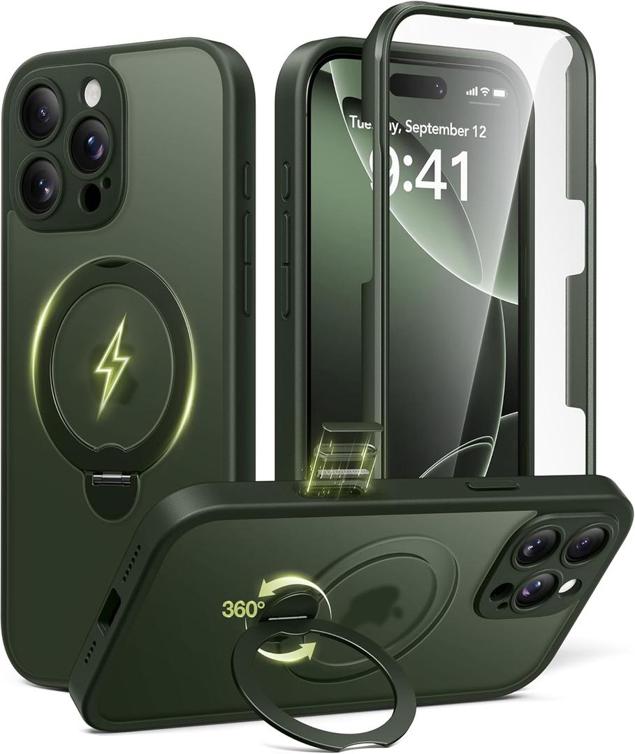BERFY for iPhone 16 Pro Max Case, Compatible with MagSafe, Built-in 9H Tempered Glass Screen Protector and 360 Spin Magnetic Stand, Full Body Shockproof Matte Phone Case for 16 Pro Max 6.9", Green