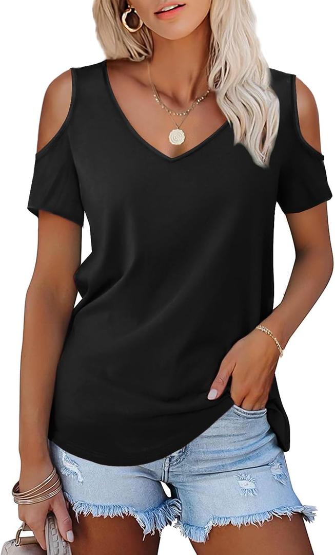 Amoretu Women's Short Sleeve Shirts Cold Shoulder Tops V Neck Blouse Tunic Shirts. S Size