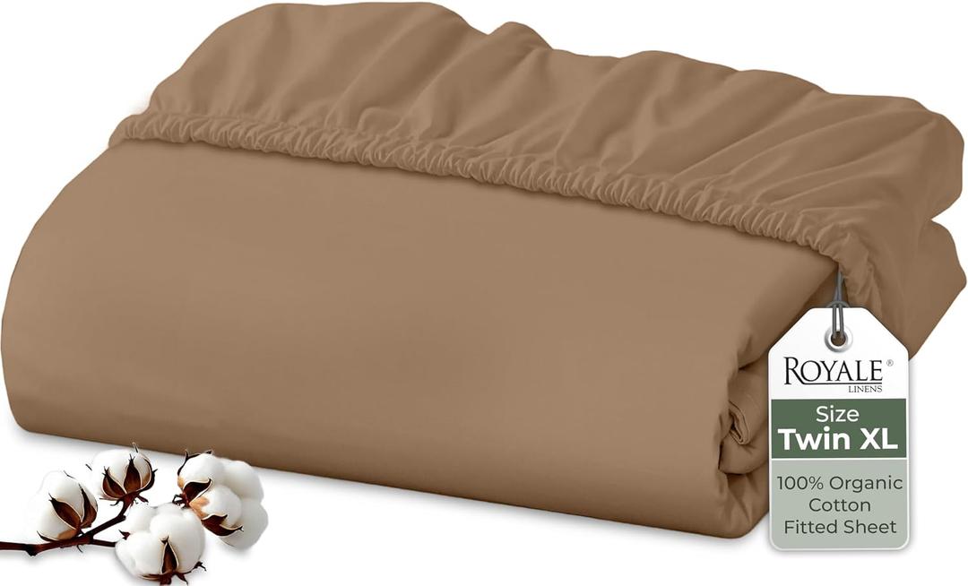Royale Linens 100% Organic Cotton Fitted Sheet - Percale Weave - Super Soft Deep Pocket Bottom Sheets - Elastic Sheet Twin XL Size - Twin XL Fitted Sheets Only - (39"x80"+15", Chocolate)