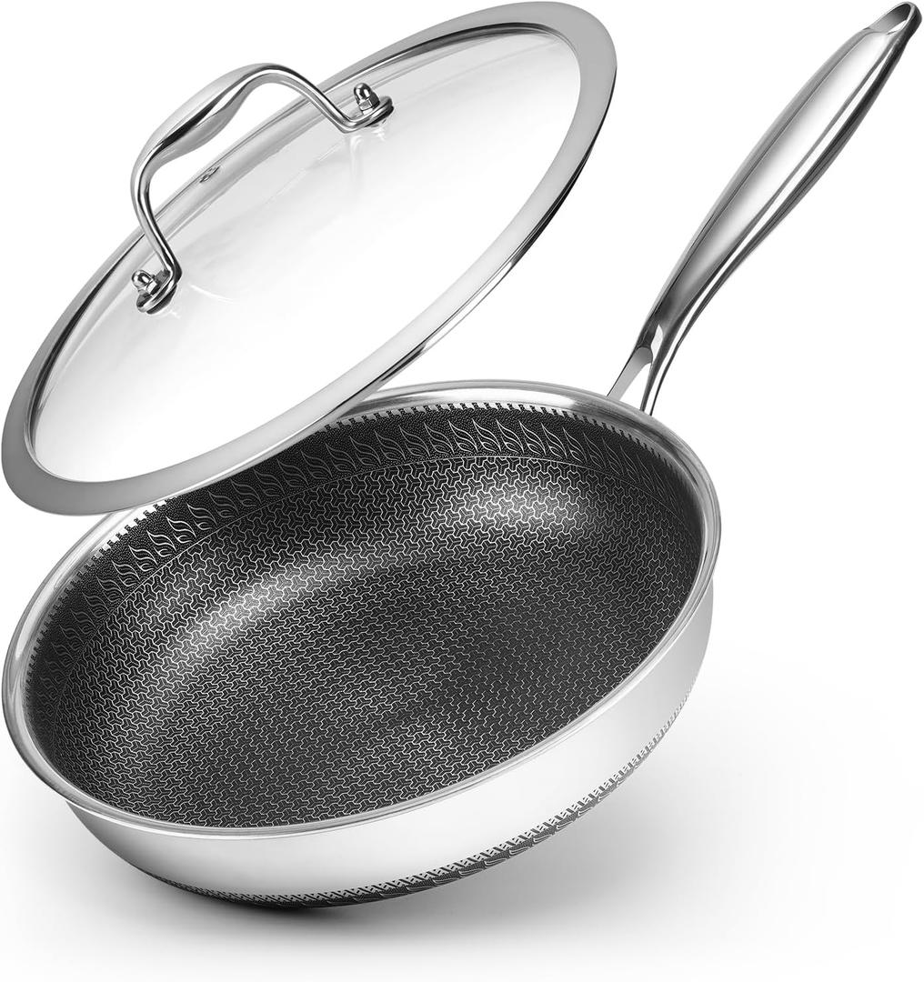 10.5 inch Frying Pan Nonstick with Lid, 2.5 Qt Deep Non Stick Stainless Steel Saut Pan Skillet, Dishwasher and Oven Safe, Compatible with All Cooktops