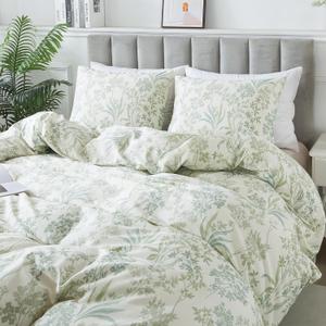HoneiLife Cotton Duvet Cover Queen - Floral Comforter Cover 3-PC, Botanical Bedlinen Sets with Zipper Closure & Corner Ties, Wildflower Comforter Cover Sets (Queen/Full-90"x90", Plain Life-green)