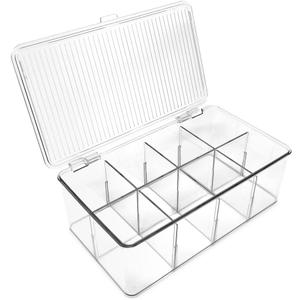 Isaac Jacobs Divided Clear Plastic Organizer (10.88" x 6.63" x 3.75") w/Hinged Lid & Removable Dividers, Stackable Box for Tea Bags, Office Supplies, Cosmetics, BPA-Free, Food Safe Pantry Container