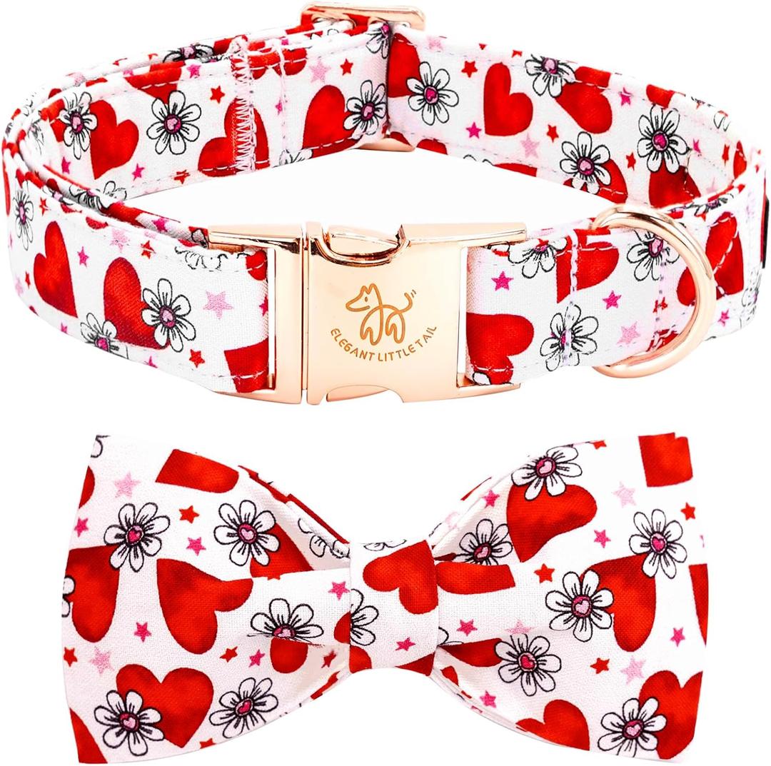 Elegant little tail Valentine's Dog Collar, Cute Pink Heart Pet Collars Soft Dog Puppy Collar Female or Male Adjustable Cotton Pet Collars with Bow for Small Medium Large Dogs (Large (Pack of 1))