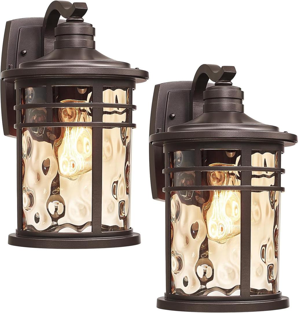 Darkaway Outdoor Wall Light Fixture,14.57inch Large Outside Porch Lights Wall Mounted Amber Ripple Glass Modern Exterior Waterproof Wall Sconce Lighting for House Front Door Garage, 14.57inch-2Pcs