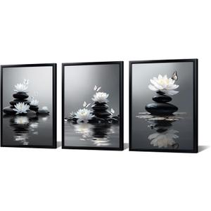 Muzenso Canvas Prints with Black Frame 3 Piece Set White Lotus Flower and Butterfly Zen Stones Wall Art 12x16 Inch Stretched Canvas Paintings for Bedroom Living Room Bathroom Spa Yoga Room Decor