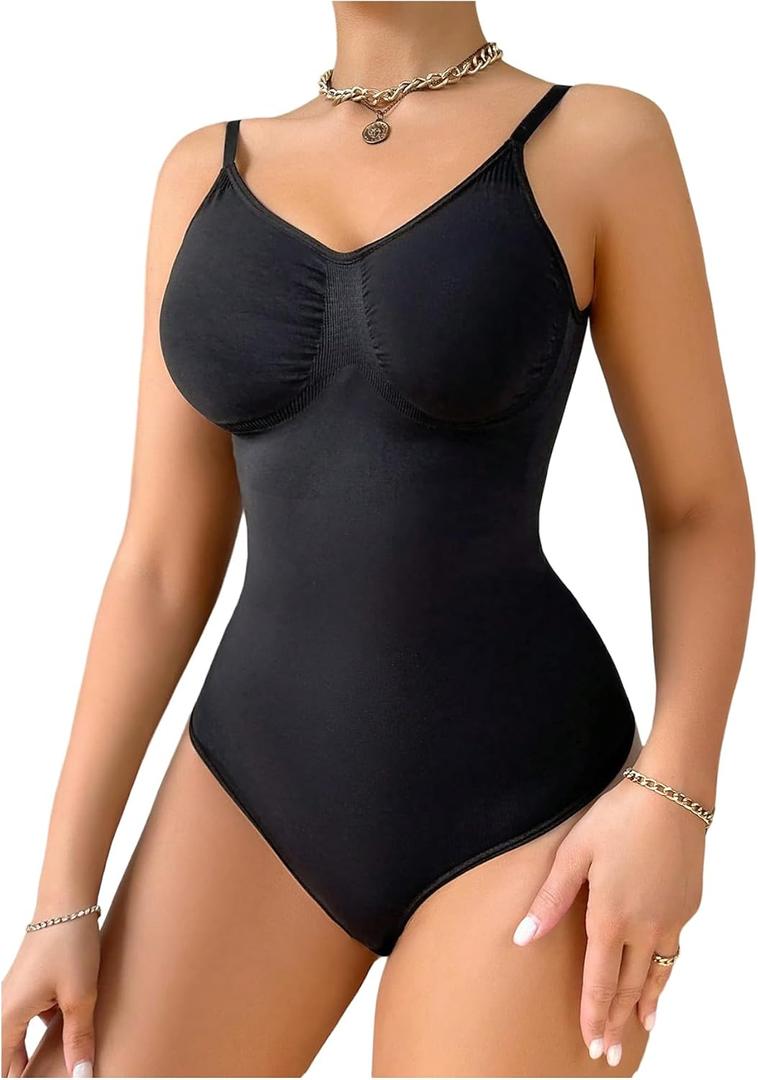 WDIRARA Women's V-neck Spaghetti Strap Shapewear Bodysuit Open Back Sleeveless Slim Fit Tank Tops (Black, M)