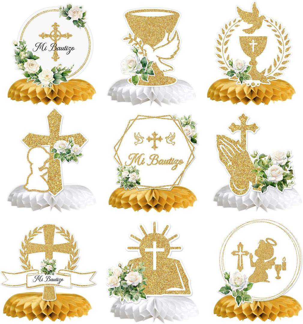Mi Bautizo Honeycomb Centerpieces, Baptism Party Decor, First Communion Table Decorations, Christening Table Centerpieces, Baby Shower 1st Birthday Party Decorations, 9PCS