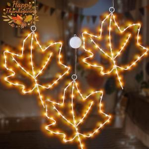 3Pcs Fall Window Decorations Maple Leaf Lights, Battery Operated Thanksgiving Window Lights with Timer,Metal Frame LED Fall Window Hanging Maple Lights for Home Party Thanksgiving Autumn Harvest Dcor