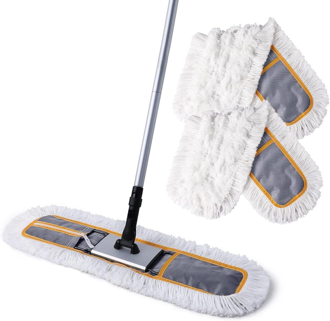 CLEANHOME 24" Commercial Dust Mop for Floor Cleaning, Heavy Duty Sweeper Broom with 2 Microfiber Mop Pads, Wet and Dry Duster Sweeper Broom for Marble, Laminate, Hardwood Floor Cleaning ,Grey