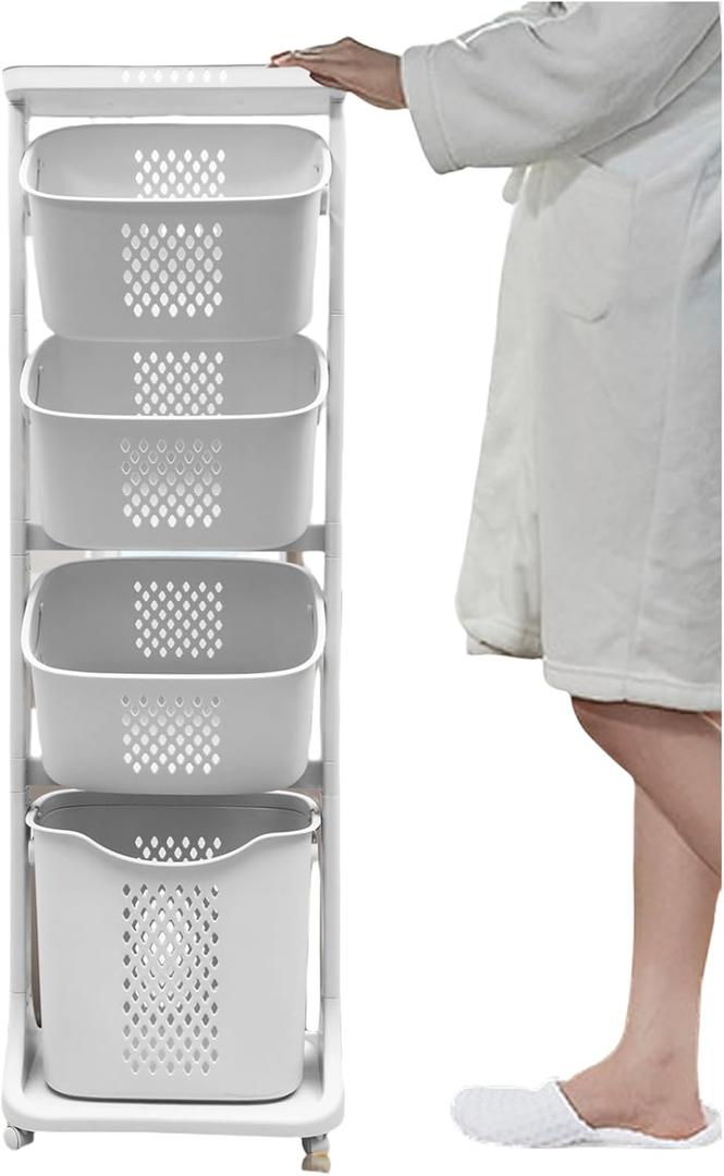 4-Tier Laundry Hamper Sorter, Laundry Storage Organizer with Wheels Removable Rolling Laundry Baskets, Bathroom Cart for Dirty Clothes