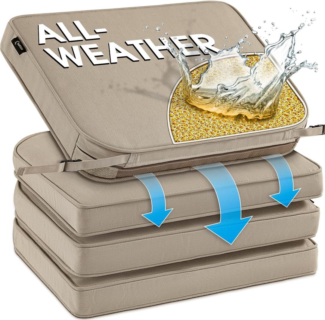 SUNROX DryFast Foam Outdoor Chair Cushion with DryMesh Drainage, All-Weather FadeShield Water Resistant Patio Furniture Cushions, Ultra Durable Patio Chair Cushions 18.5"x16", 4 Pack Husk Birch