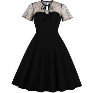 Women's Vintage Illusion Polka Dot Embroidery Keyhole Tie 1950s A-line Cocktail Dress 50s 60s Retro Summer Evening Party Wedding Formal Prom Dance Swing Dresses Black, Large