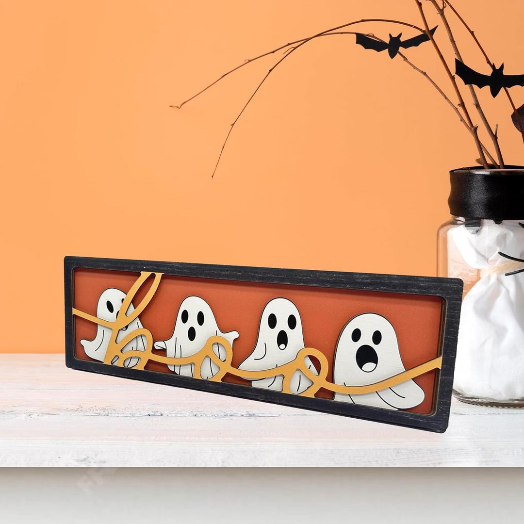 Cute Halloween Decor, Wooden Halloween Table Centerpiece Decorations for Home, Indoor Home Decorative Signage Shelf Desk Fireplace Mantle Rustic House Decor(G03)