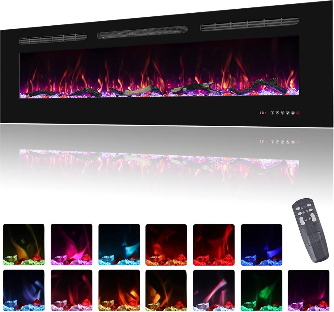 65inch Electric Fireplace in Wall Recessed and Wall Mounted Fireplace Electric, 13 Flame Colors, Realistic Logs &Crystals Fuel Bed, Adjustable Temperature and Timer, 750W/1500W, Black