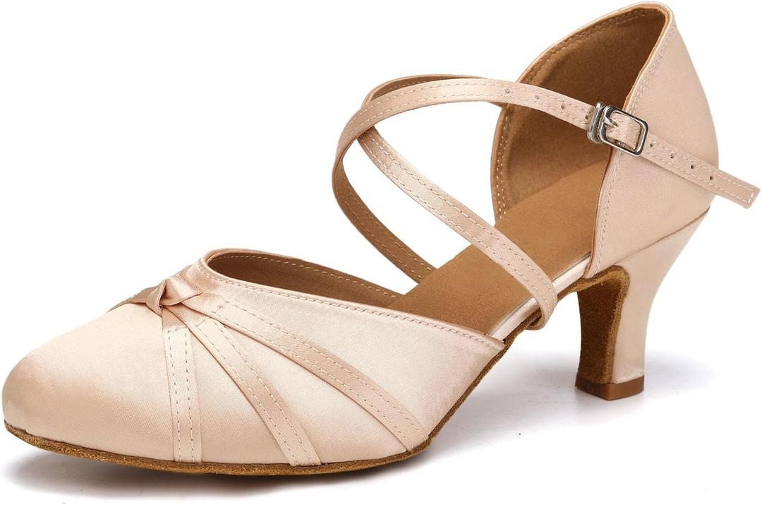 Women's Latin Ballroom Dance Shoes Closed Toe Salsa Waltz Tango Performance Dancing Practice Shoes (7.5, Nude)