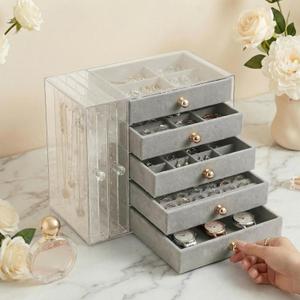 Jewelry Organizer with Clear Acrylic Display and Drawers, Dust-Protected Jewelry Storage Box for Necklaces, Earrings, Rings & Bracelets, Elegant Tabletop Organizer for Vanity, Bedroom or Desk, Gray