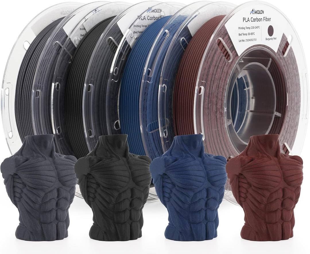 AMOLEN Carbon Fiber PLA Filament 1.75mm Bundle, Multicolor Lightweight & High-Strength 3D PLA Filament, Dimensional Accuracy  0.02mm, 200gX4 Spools (Black/Dark Grey/Sapphire Blue/Burgundy Red)