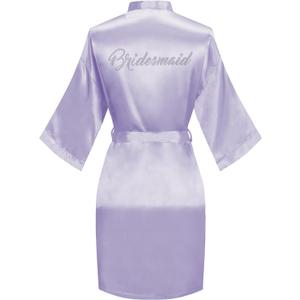 Women's Bride Bridesmaid Robes Short Satin One Size Silver Rhinestones Wedding Party Getting Ready Sleepwear