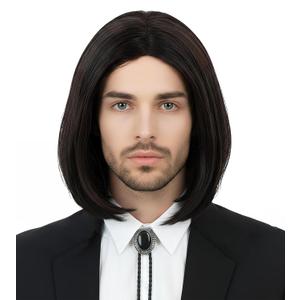 HORTYZON Men's Black Medium-Length Wig 1990s Retro Halloween Character Costume Wig(Black/Medium/shawl)