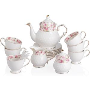 Sweejar 21 Pieces Porcelain Tea Set, Vintage Floral Gold Trimmed Teapot Cup and Saucer Set, Tea Cup for Loose Tea, Sugar Bowl and Creamer Pitcher with Spoons, Service for 6(Retro Flower)