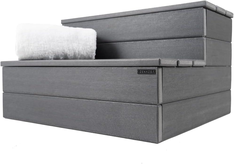 DENKOE Hot Tub Steps - Wood-Looking Plastic, 100% Waterproof, Gray Non-Slip, Heavy Duty Outdoor Spa Stairs - Multi-Use for Porch, Fits Any Size