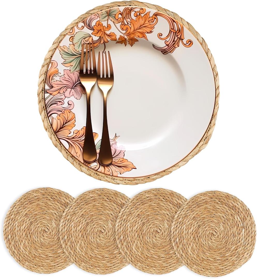Round Woven Placemats 12 inch Set of 4 - Boho Rattan Placemats Natural Water Hyacinth Placemats, Farmhouse Weave Place Mats, Rustic Braided Wicker Table Mats for Dining Table,Home,Wedding