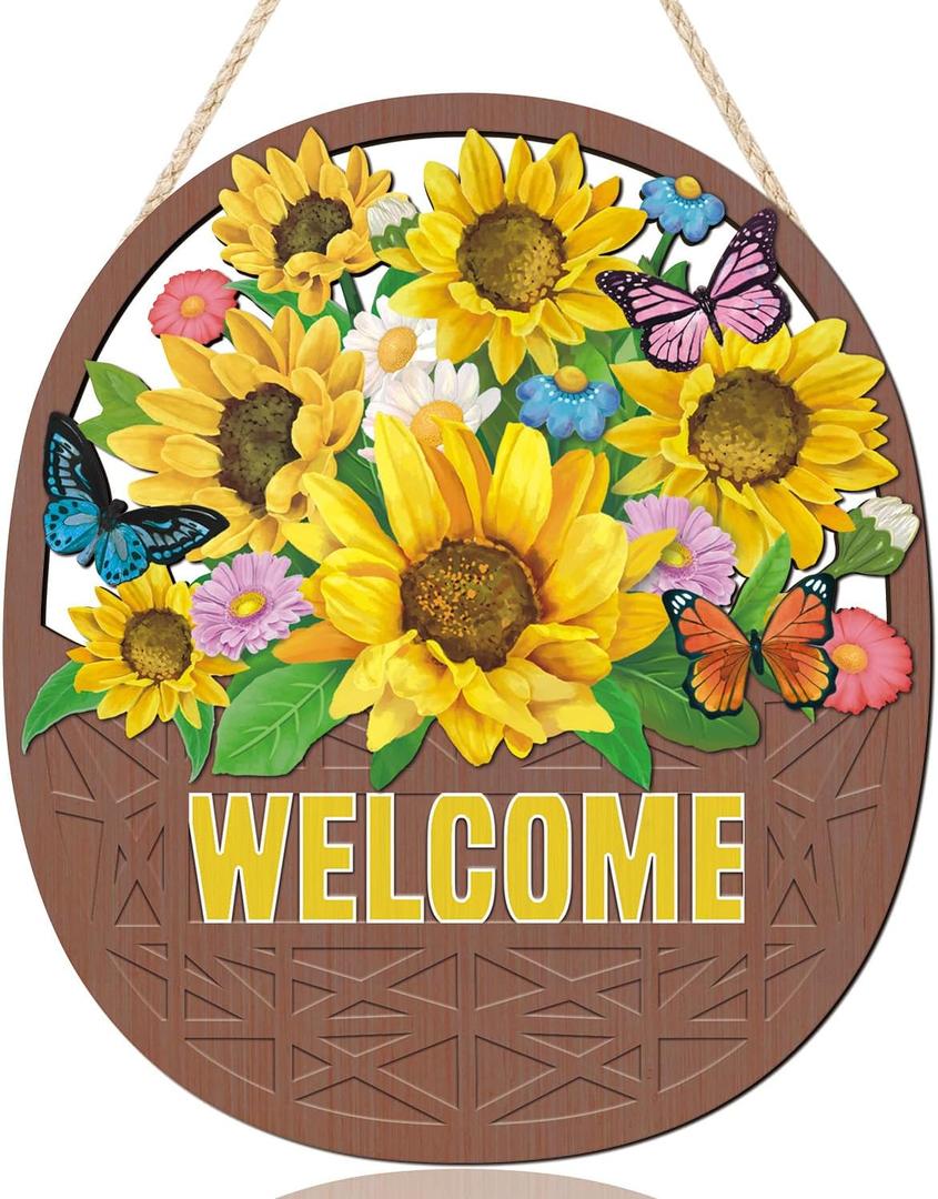 IARTTOP Sunflower Welcome Wooden Sign(10x12), Rustic Farmhouse Summer Yellow Flower Wall Hanging Sign, Colorful Floral Butterfly Door Decor for Front Door Garden Porch Home