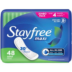 Stayfree Maxi Super Long Wingless Reliable Protection and Absorbency Pads For Women, 48 Count (Pack of 1)