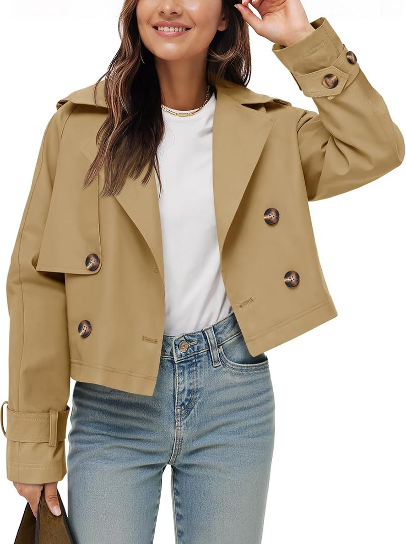 Tankaneo Womens Cropped Trench Coat Lapel Double Breasted Short Jacket Outwear (Small, Khaki)